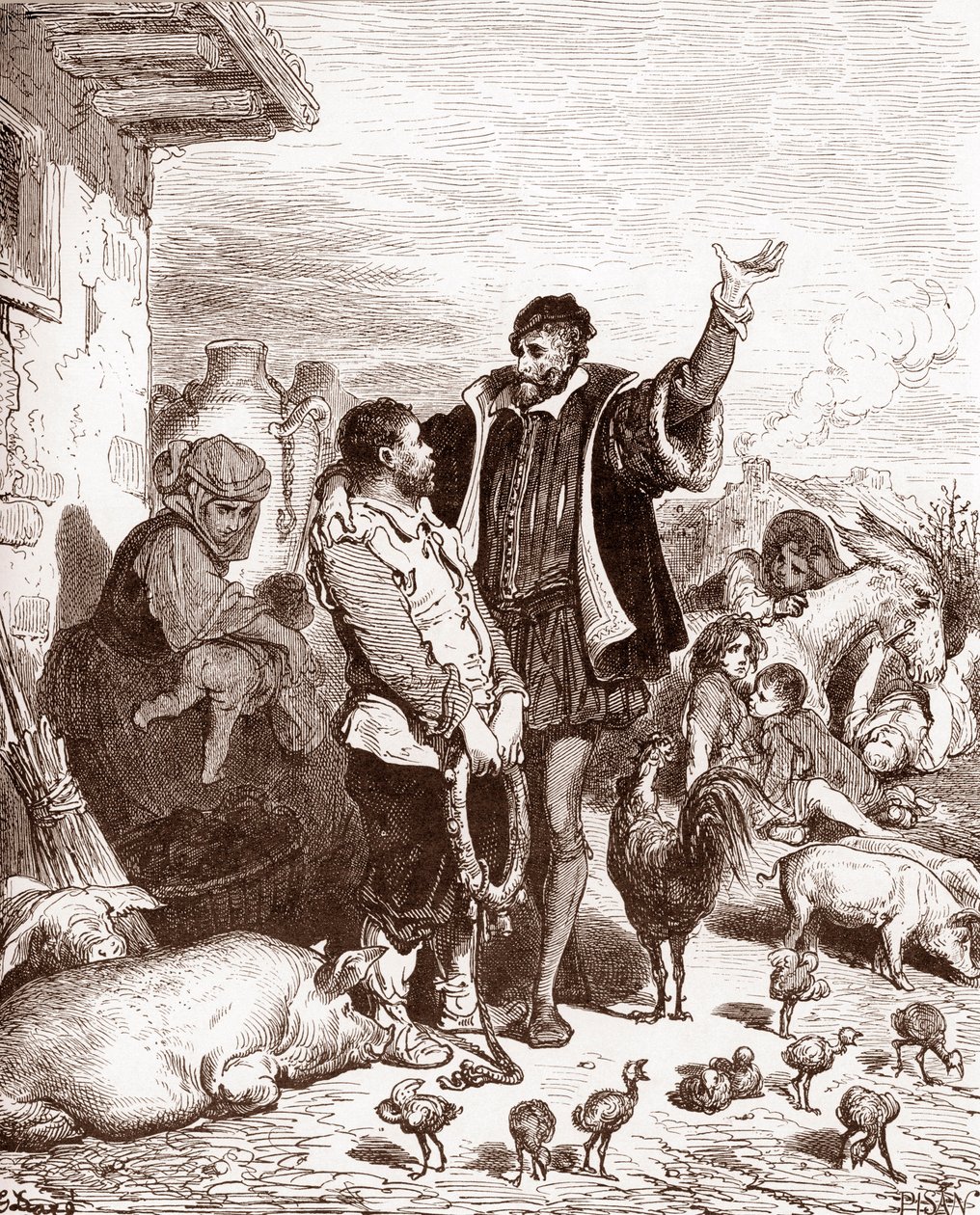 Don Quixote overtaler sin nabo Sancho Panza til at blive hans væbner ved at love at gøre ham til guvernør på en erobret ø. Gravering af Gustave Dore (1832-1883) for "L