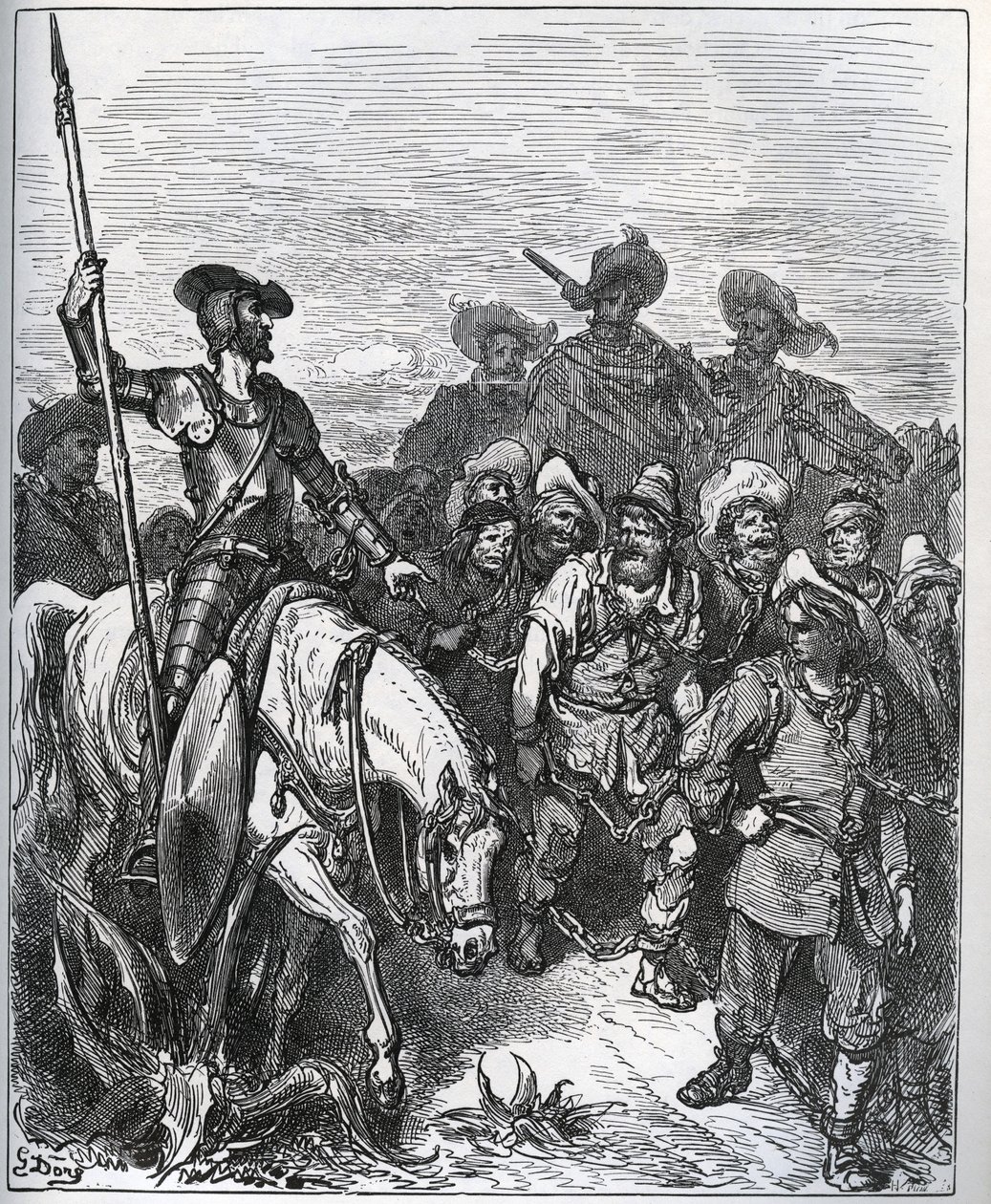 Don Quixote stiller spørgsmålstegn ved kræfterne om årsagerne til deres overbevisning - fra "Don Quixote de la Mancha" af Miguel Cervantes (1547-1616) (Don Quixote) - Træsnit efter tegning af Gustave Dore af Gustave Dore