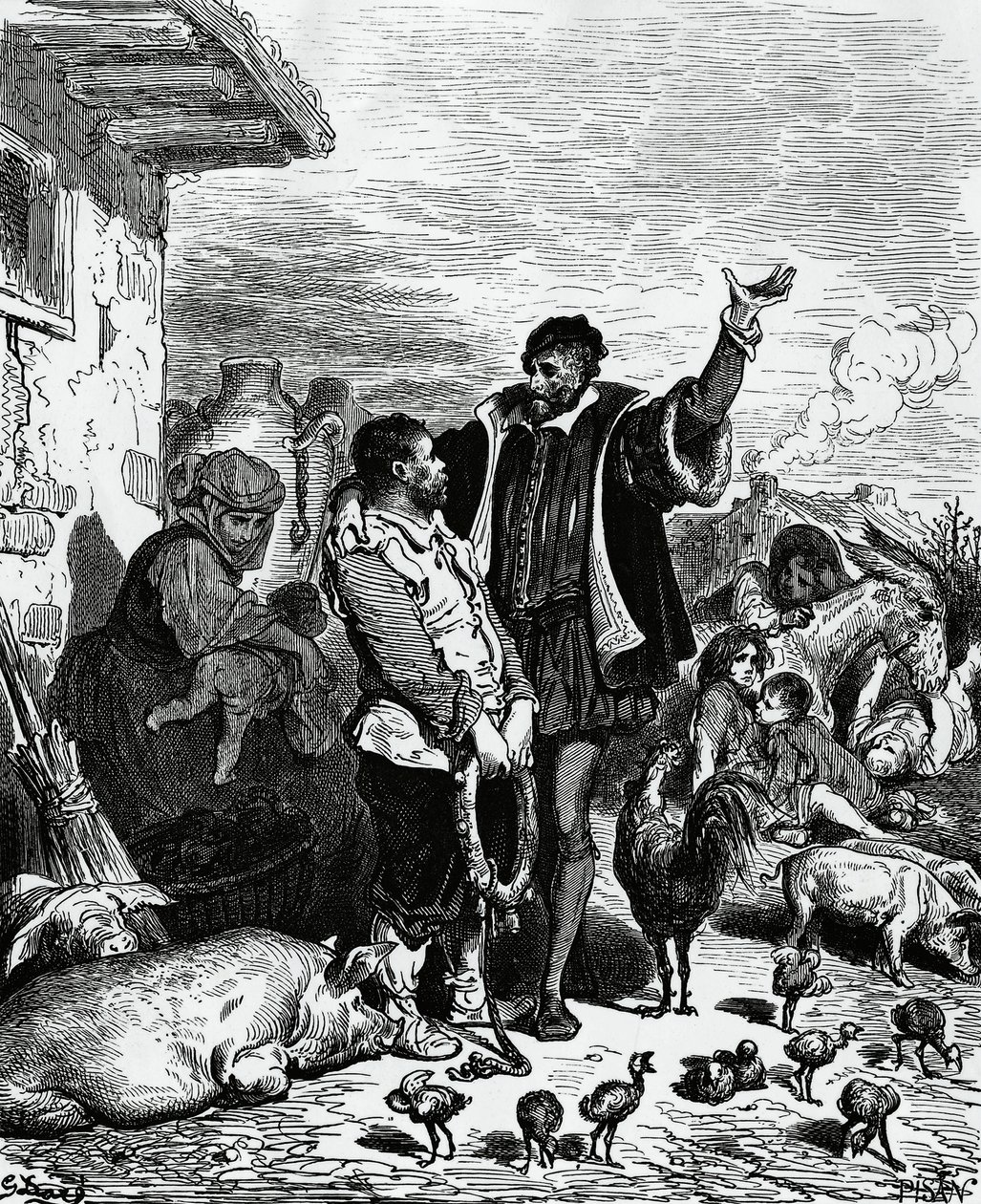 Don Quixote tager Sancho Panza fra sit hjem og udnævner ham til guvernør, illustration af Gustave Dore