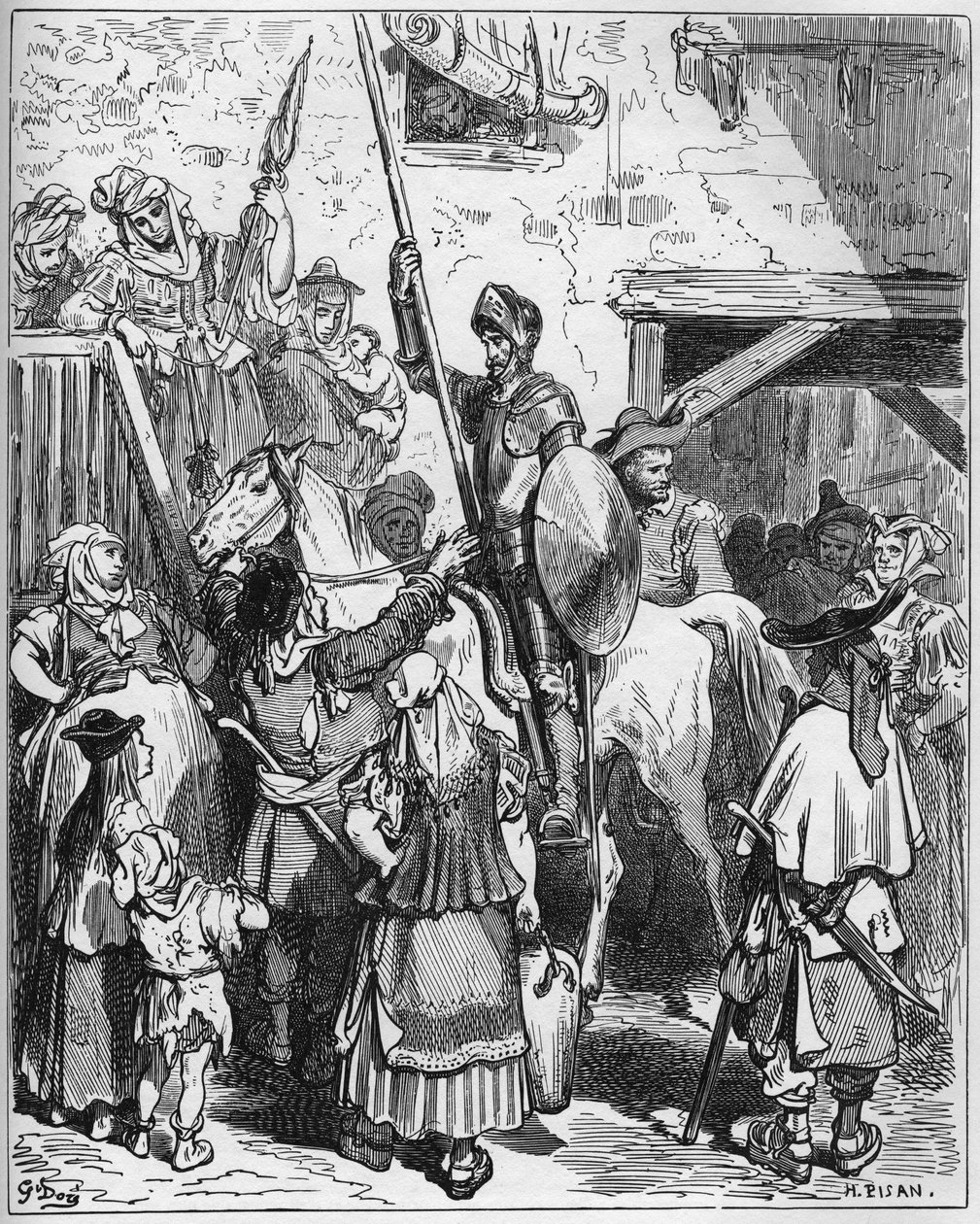 Don Quixote troede, at han nød godt af en herres gæstfrihed, nægtede at betale hotelejeren - fra "Don Quixote de la Mancha" af Miguel Cervantes (1547-1616) (Don Quixote) - Træsnit efter tegning af Gustave Dore af Gustave Dore