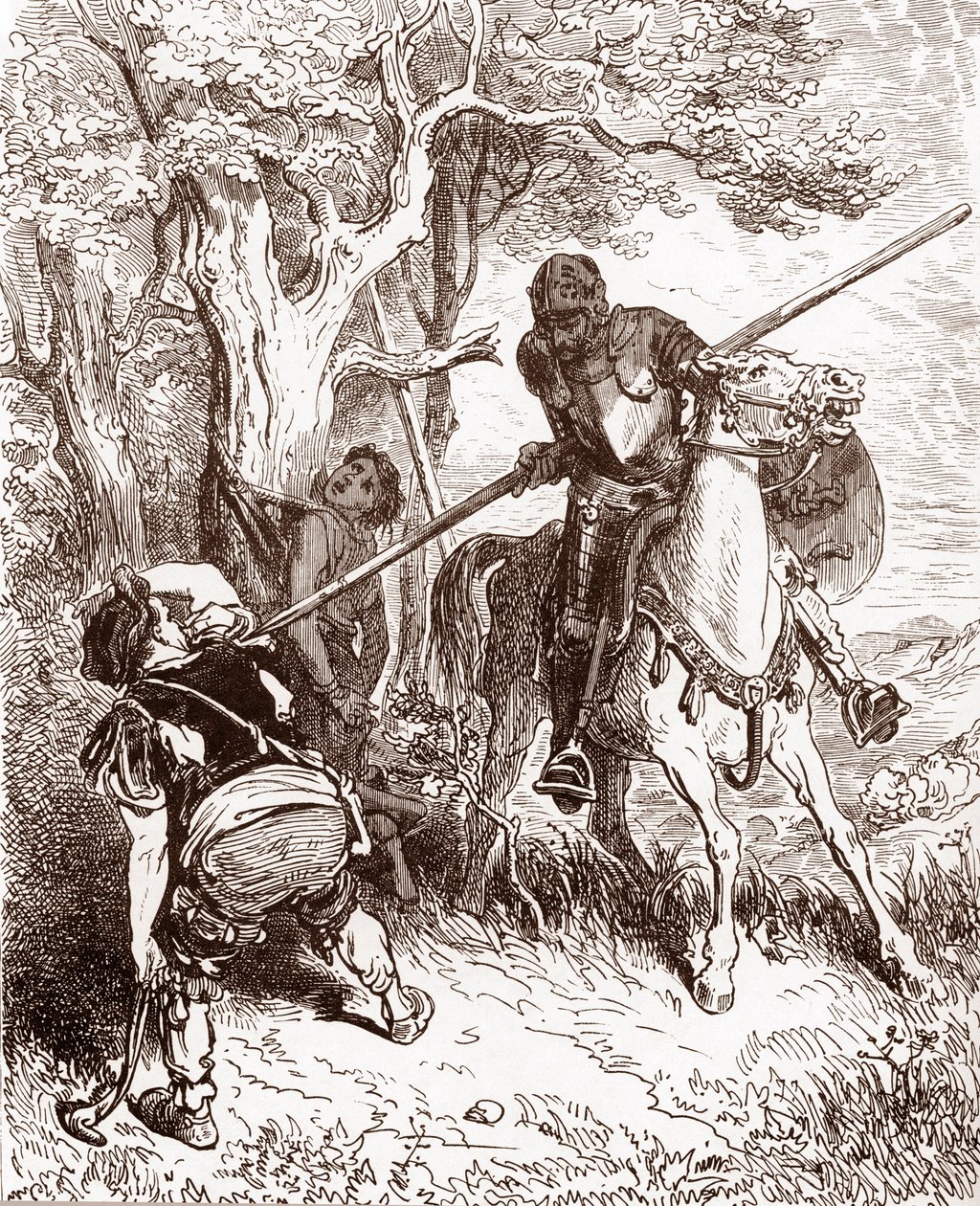 Don Quixote truer bonden, der sendte hyrdedrengen. Gravering af Gustave Dore (1832-1883) til "L