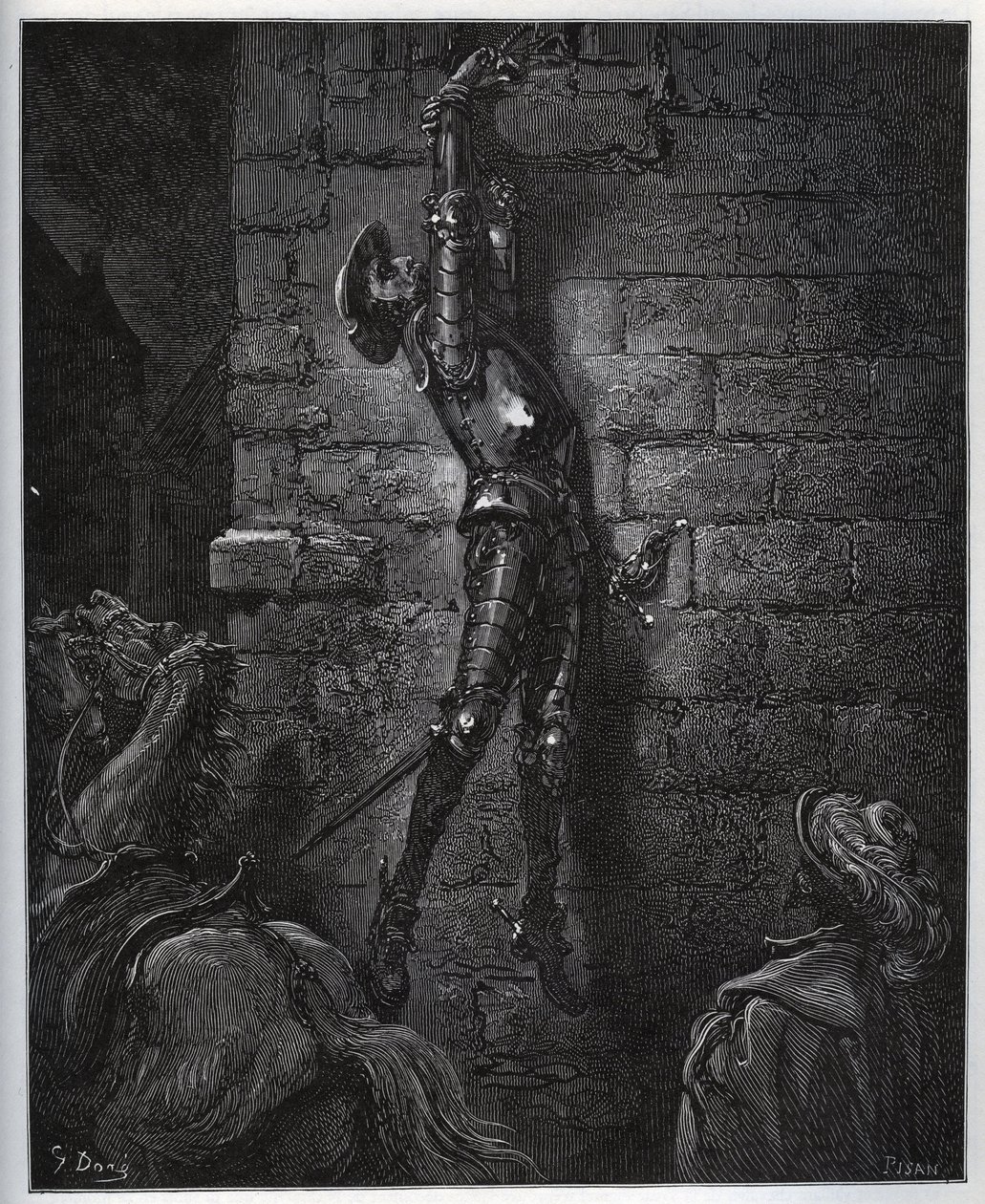 Don Quixote fanget af kroejerens datter og Maritornes, forbliver suspenderet fra et vindue. - fra “Don Quixote de la Mancha” af Miguel Cervantes (1547-1616) (Don Quixote) - Træsnit efter tegning af Gustave Dore af Gustave Dore