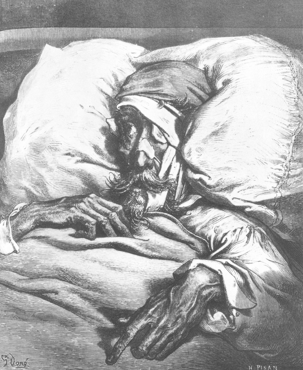 Don Quixote såret, fra "Don Quixote de la Mancha" af Miguel Cervantes (1547-1616), graveret af Heliodore Joseph Pisan (1822-90) af Gustave Dore