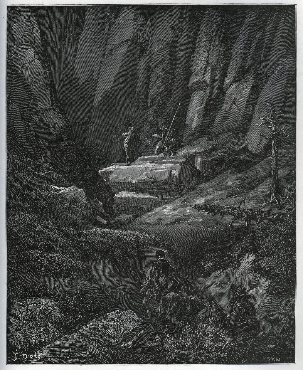 Dorothee og barberen kommer for at hente Don Quixote, så i anger - fra "Don Quixote de la Mancha"" af Miguel Cervantes (1547-1616) (Don Quixote) - Træsnit efter tegning af Gustave Dore af Gustave Dore