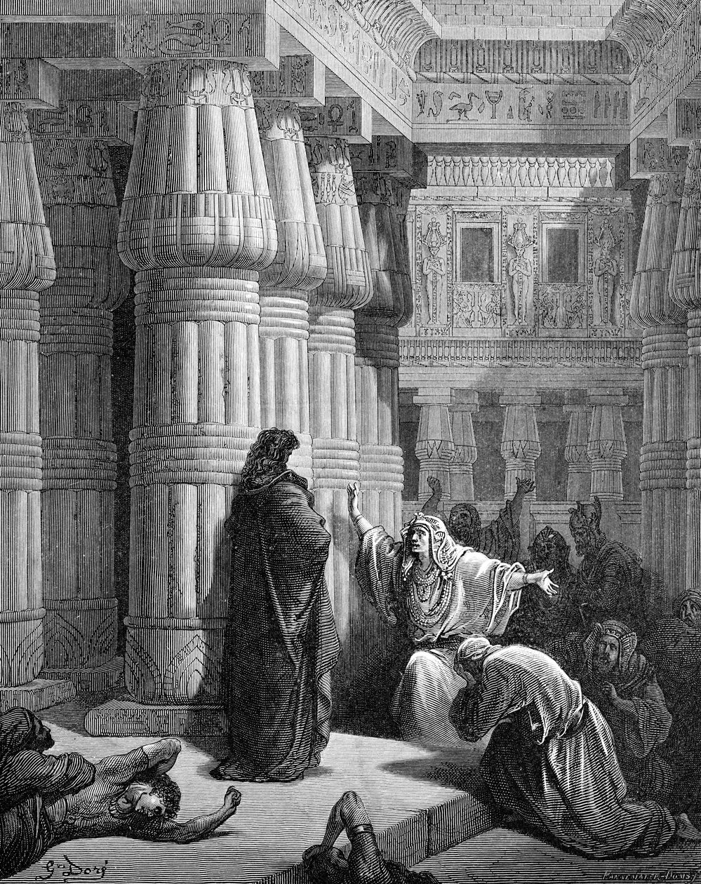 Egypterne opfordrer Moses til at rejse, af Doré. - Bibelen af Gustave Dore