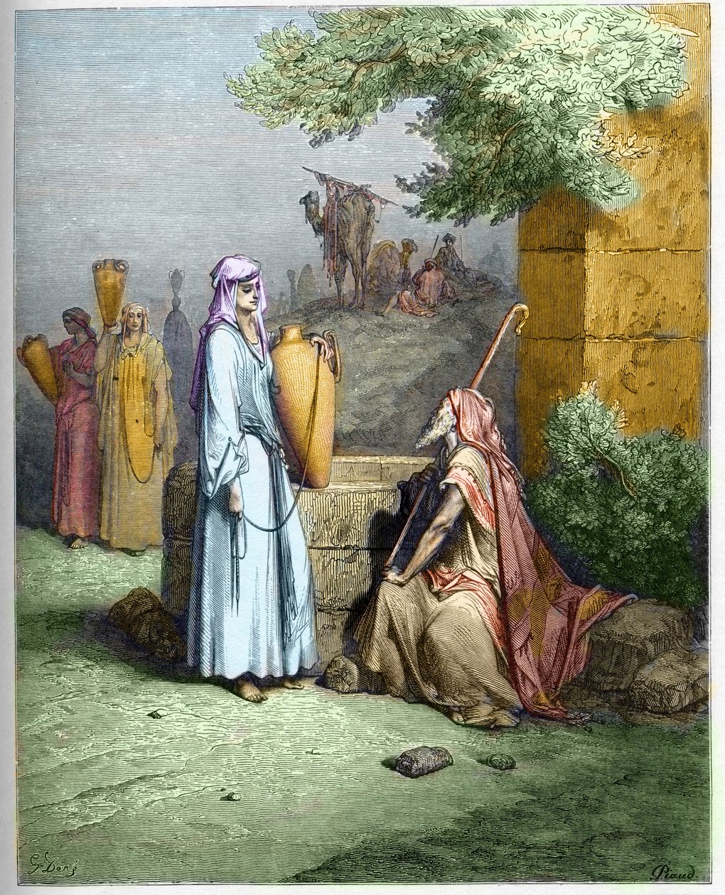 Eliezer og Rebekka - Eliezer, Abrahams tjener, bliver tilbudt en drink vand af Rebekka - Eliezer og Rebekka - indgravering i "The Bible illustree" af Gustave Dore (1832-1883) - Indgravering fra "" The Dore Bible"" af Gustave Dore