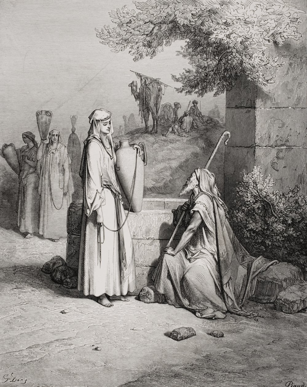 Eliezer og Rebekka, 1. Mosebog 24:15-21, illustration fra Dores 