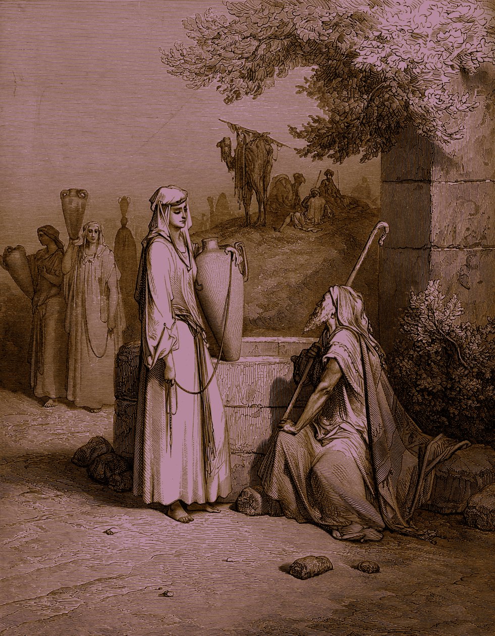 Eliezer og Rebekka / Rebecca, gravering af Doré. - Bibel af Gustave Dore