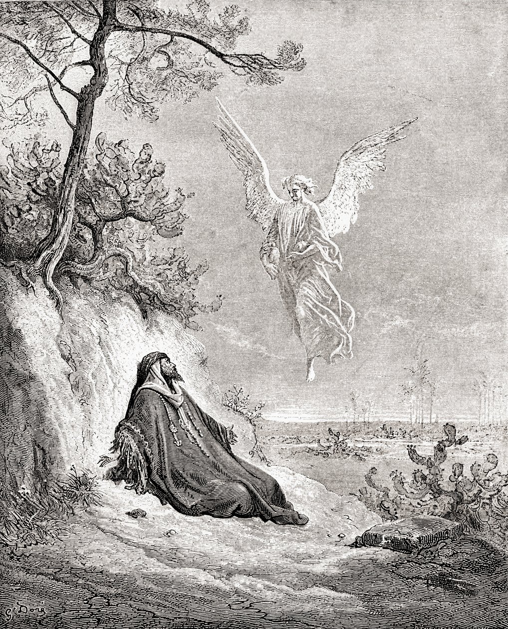 Elias næret af en engel. Efter et værk fra Bibelen af Gustave Dore. From Life and Reminiscences of Gustave Dore, udgivet 1885. af Gustave Dore