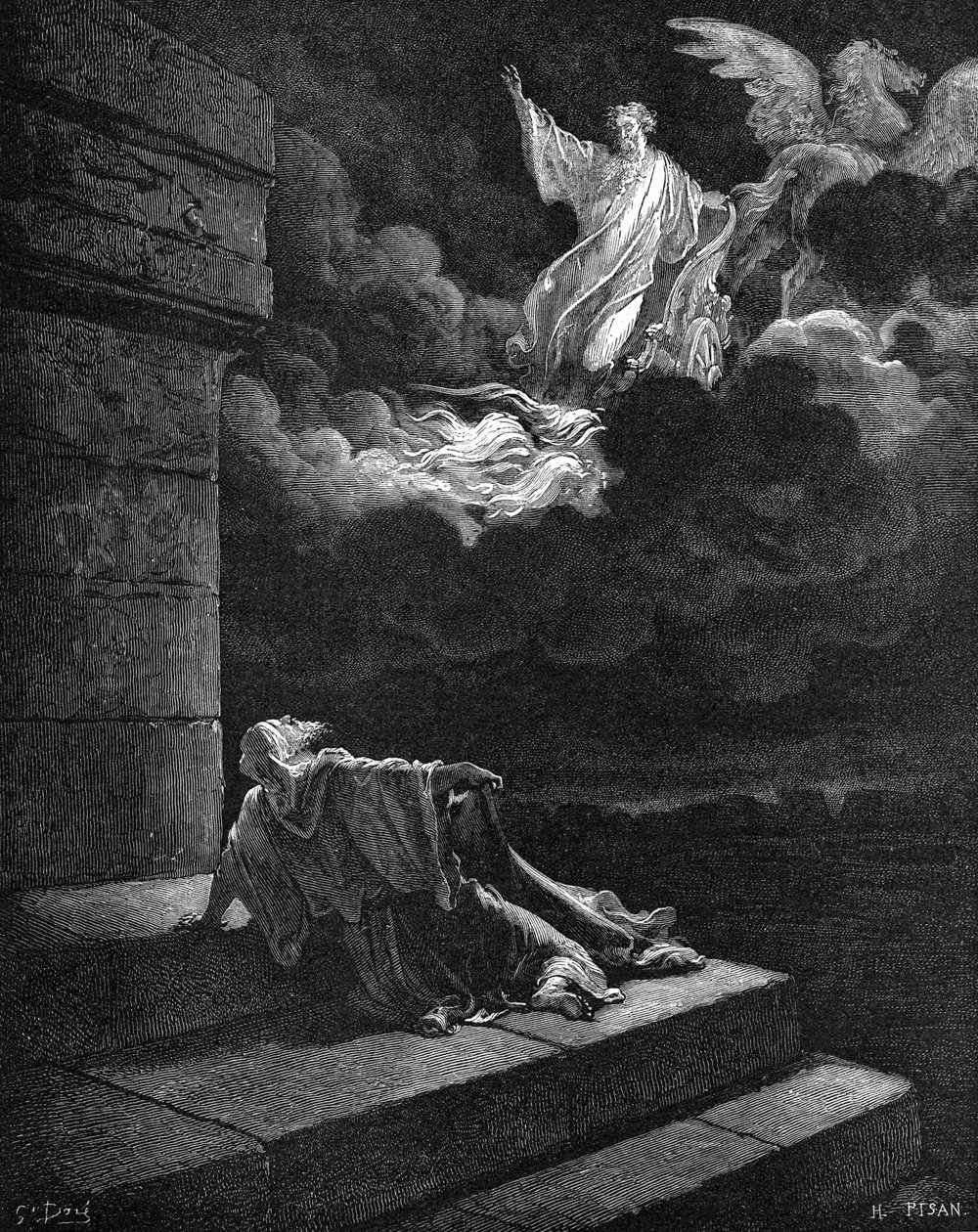 Elias stiger op i en ildvogn af Gustave Dore