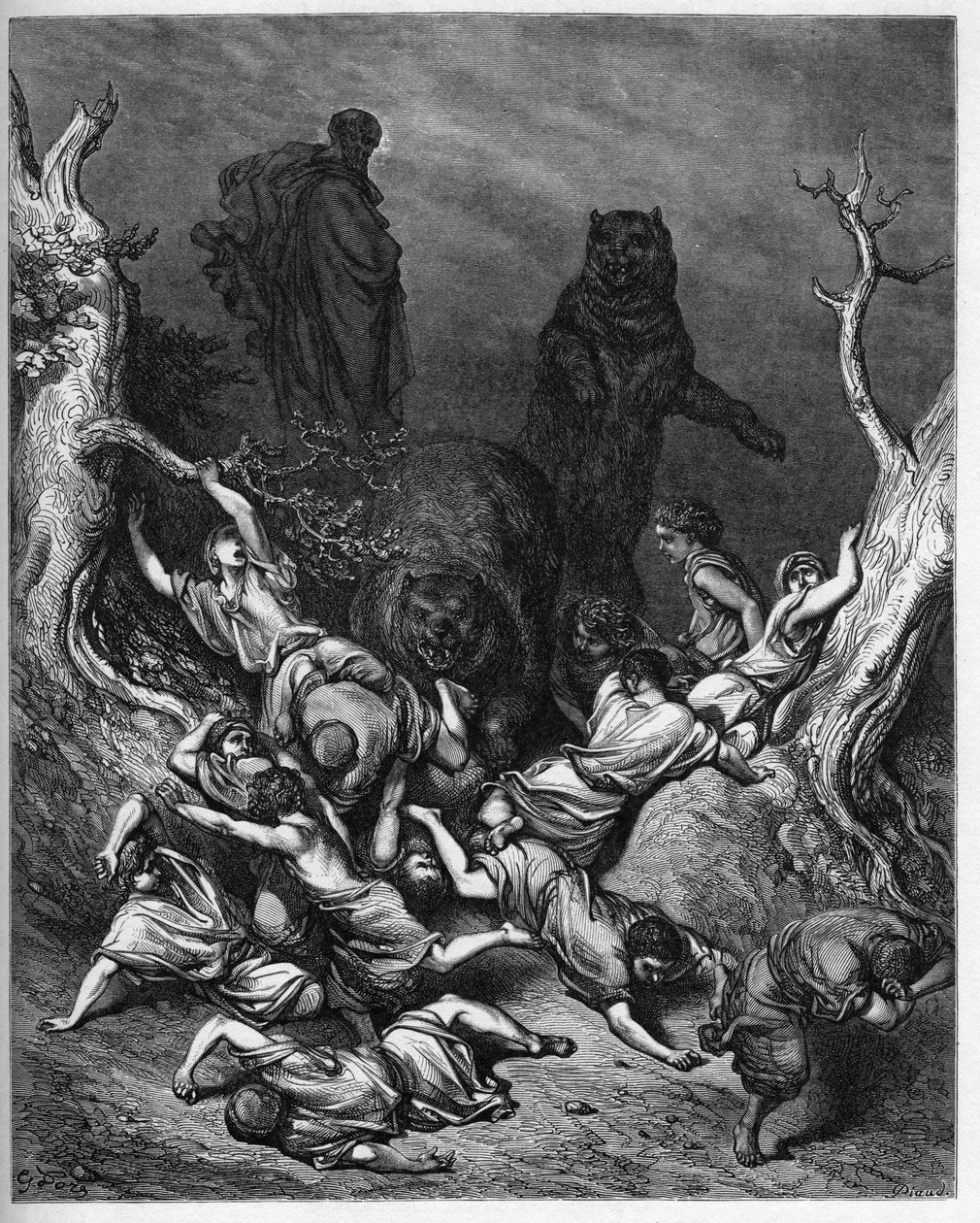 Elisee forbander de unge i Betel - Betels børn ødelagt af bjørne - Elias forbander de unge i Betel - indgravering i "The Bible illustree" af Gustave Dore (1832-1883) - Indgravering fra "" The Dore Bible"" af Gustave Dore