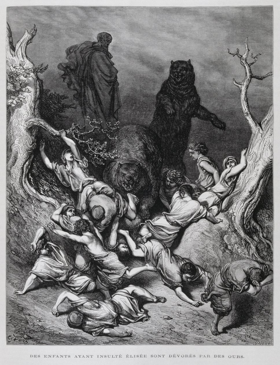 Elisa ser på, mens børnene ødelægges af bjørne, illustration fra Dore-bibelen af Gustave Dore