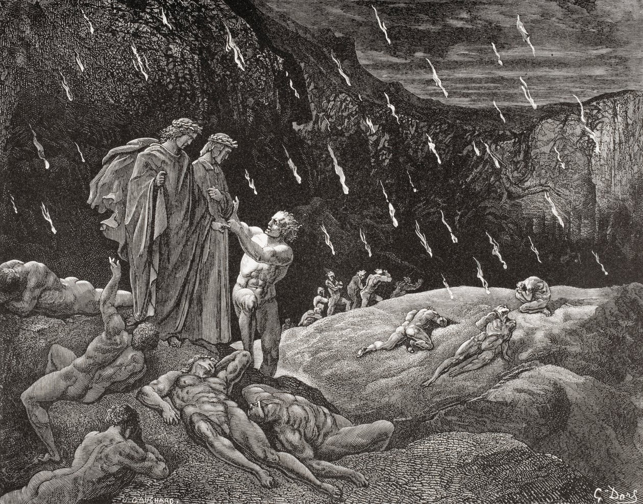 Gravering af Gustave Dore 1832-1883 Fransk kunstner og illustrator til Inferno af Dante Alighieri Canto XV linje 28 og 29 af Gustave Dore