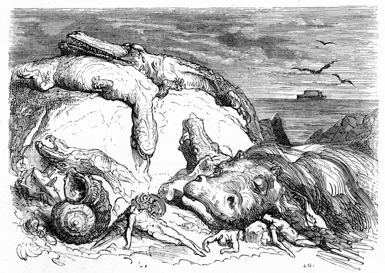 Gravering af Gustave Dore omkring 1850: fremkaldelse af en apokalyptisk syndflod, der kombinerer bibelsk tradition (man kan i det fjerne se Noes ark på havet) og begyndelsen på videnskabelig viden (forskellige uhyrlige dyr mislykkedes på bjerget, præf. af Gustave Dore