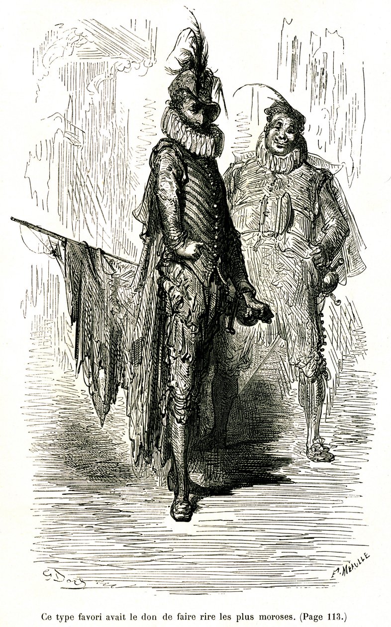 Kobberstik af Gustave Dore, der illustrerer Theophile Gautiers roman "Kaptajn Fracasse". Charpentier-udgave 1863. To komikere (skuespillere fra commedia dell