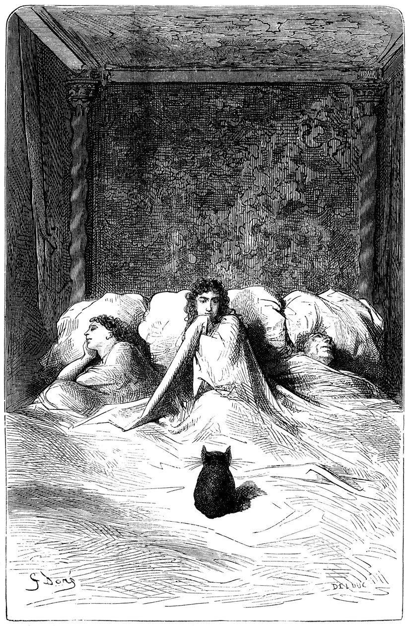 Kobberstik af Gustave Dore, der illustrerer Theophile Gautiers roman "Kaptajn Fracasse". Charpentier-udgave 1863. I baron de Sigognacs residens, "Chateau de la Misere", fandt en flok komikere tilflugt. Tre skuespillerinder faldt i søvn i en l af Gustave Dore