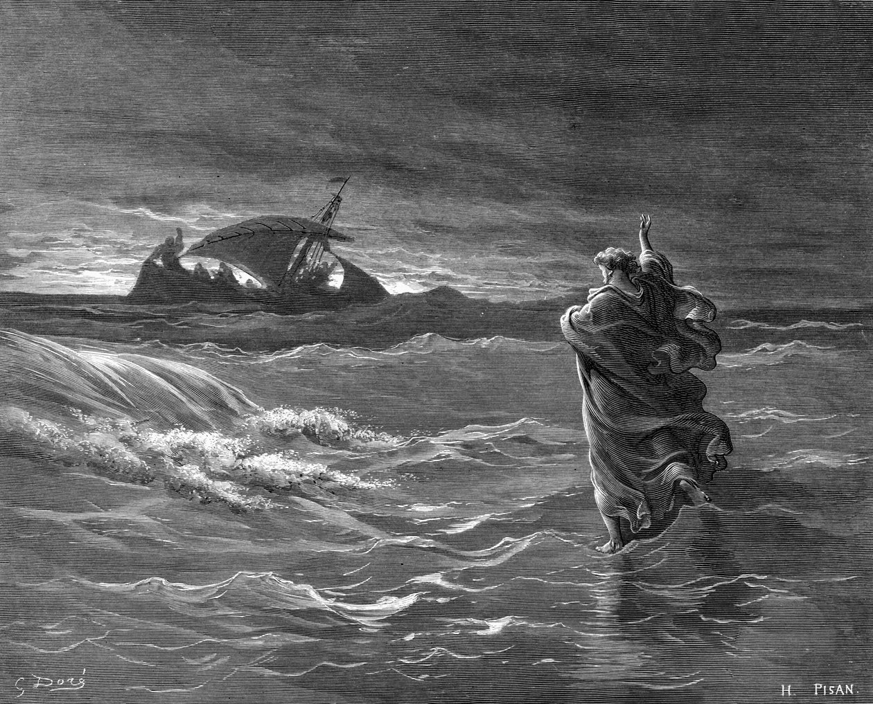 Gravering af Jesus, der går på vandet af Gustave Dore