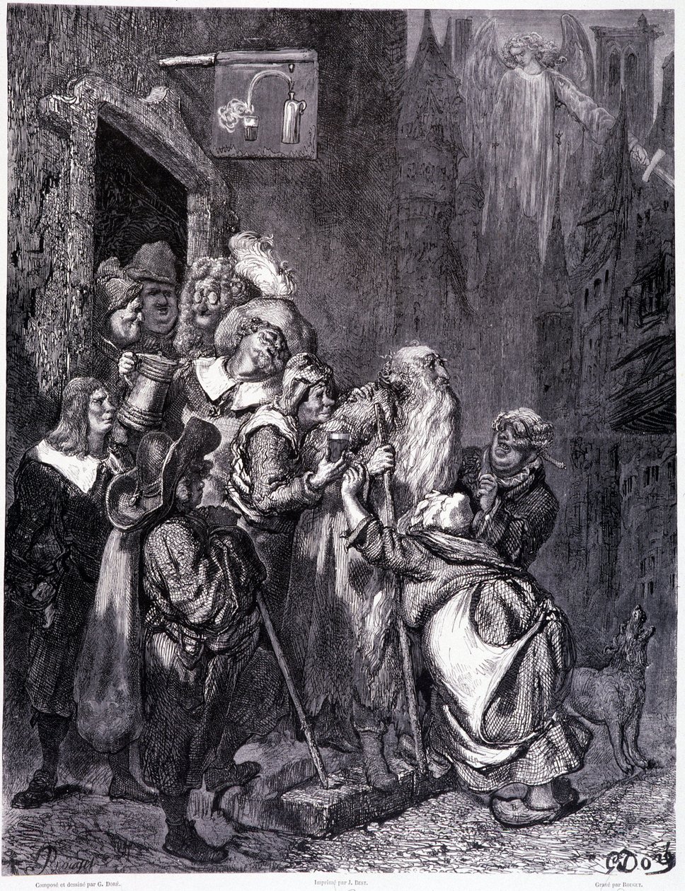 Gå ind i denne kro, tallerken IV - Illustration af Gustave Dore (1832-1883), til La legende du Jeif wandering af Pierre Dupont, udgave Librairie du magasin picturesque, Paris 1862 af Gustave Dore
