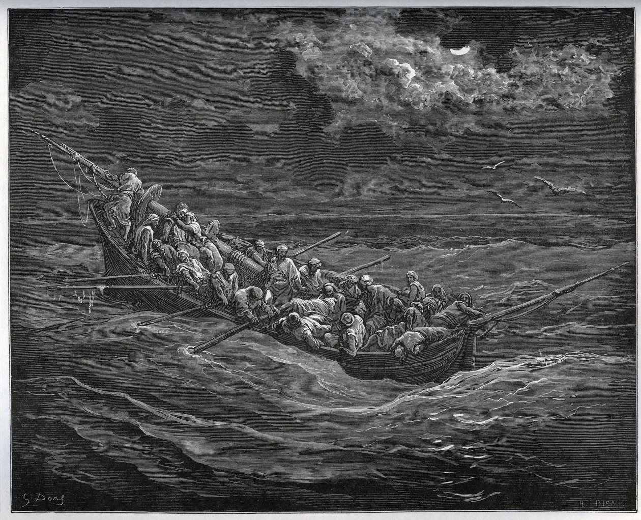 Flugt fra Zoraide med fangen i båden fuld af flugter fra Algier til Spanien - fra "Don Quixote de la Mancha"" af Miguel Cervantes (1547-1616) (Don Quixote) - Træsnit efter tegning af Gustave Dore af Gustave Dore