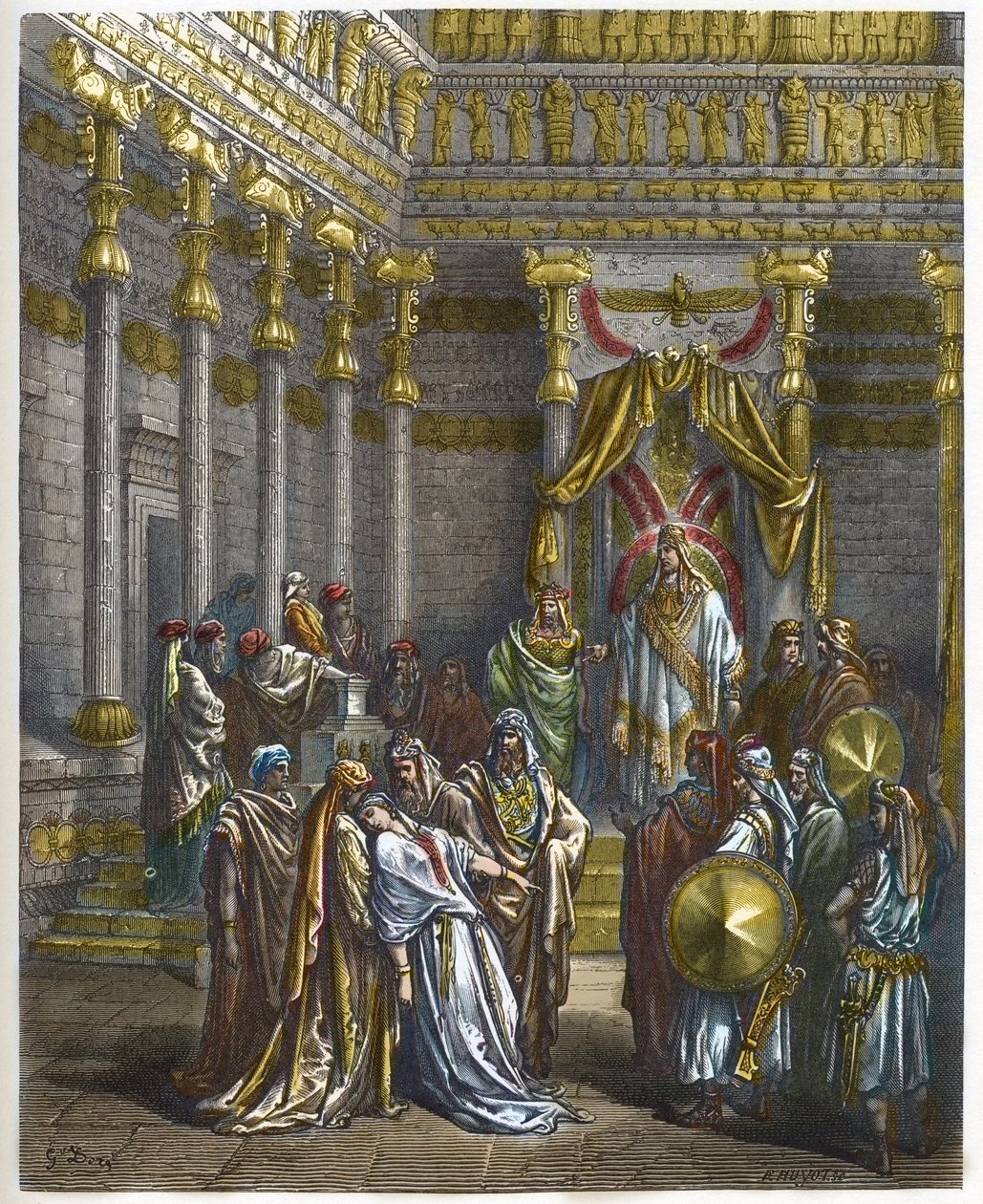 Ester besvimer foran kongen af Persien Assuerus 1. (Xerxes 1.) - Dronning Ester besvimer foran kong Ahasverus - - indgravering i "The Bible illustree" af Gustave Dore (1832-1883) - Indgravering fra "" The Dore Bible"" af Gustave Dore