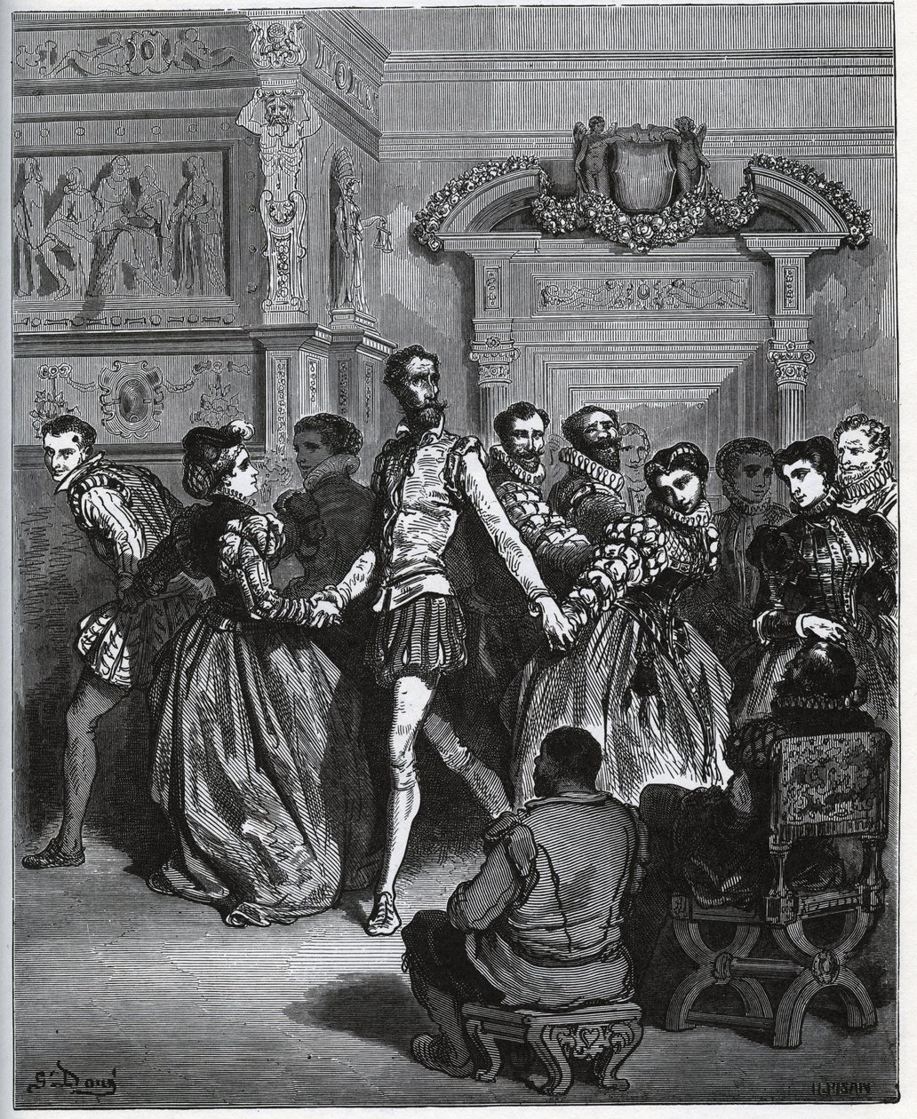 Aften arrangeret efter Don Antonio. Don Quixote opdager uden at værdsætte dansens fornøjelser - fra "Don Quixote de la Mancha" af Miguel Cervantes af Gustave Dore