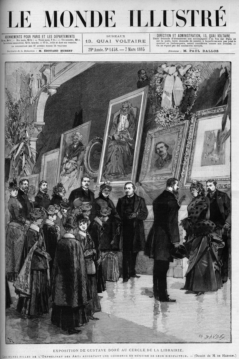 Udstilling af Gustave Dore (1832-1883), fransk illustrator og maler, i boghandlerkredsen. Indgravering i ""The Illustrous World"" af Gustave Dore