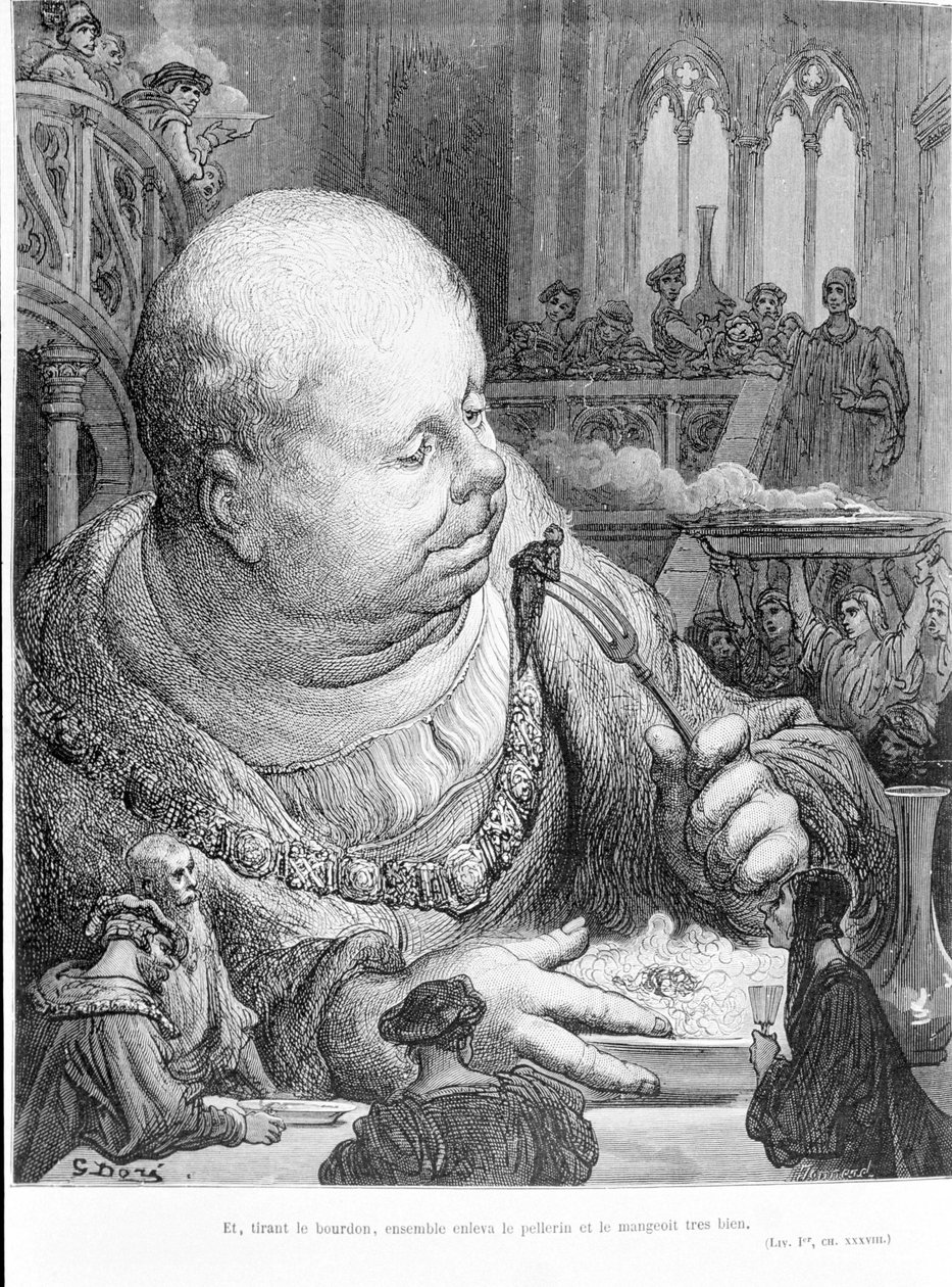 Uddrag fra Gargantua (1534) af François Rabelais (1483 - 1553): Og ved at trække i humlebien fjernede de sammen pellerinen og spiste den meget godt. Gravering af Gustave Dore (1823-1883) af Gustave Dore