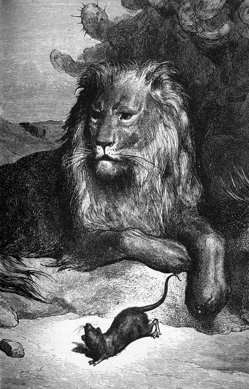 Fabel om La Fontaine: Løven og rotten af Gustave Doré. sd. 19. århundrede. af Gustave Dore