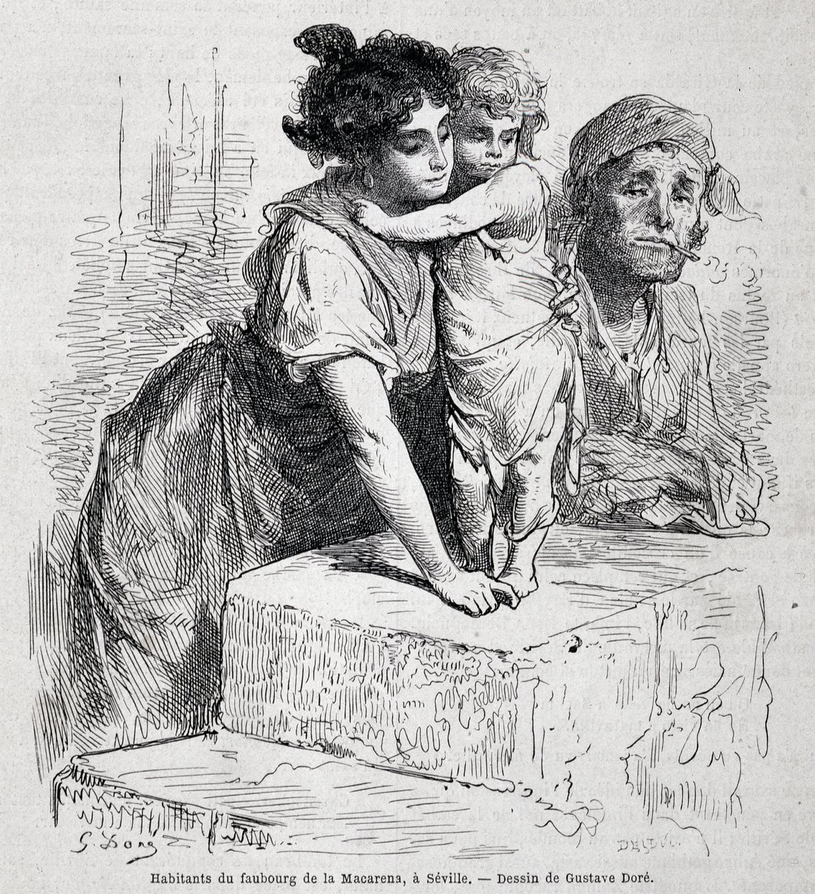 Familie i forstaden Macarena i Sevilla - dess. af Gustave Doré, i "" Le Tour du monde", 2. uge 1865. af Gustave Dore