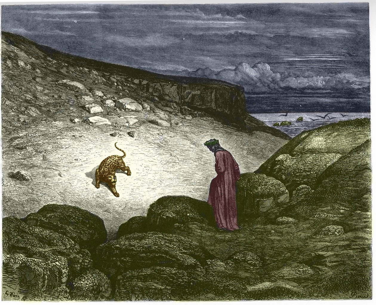 Første sang om helvede, en panter modsætter sig Dantes passage. Illustration af Gustave Dore af Gustave Dore