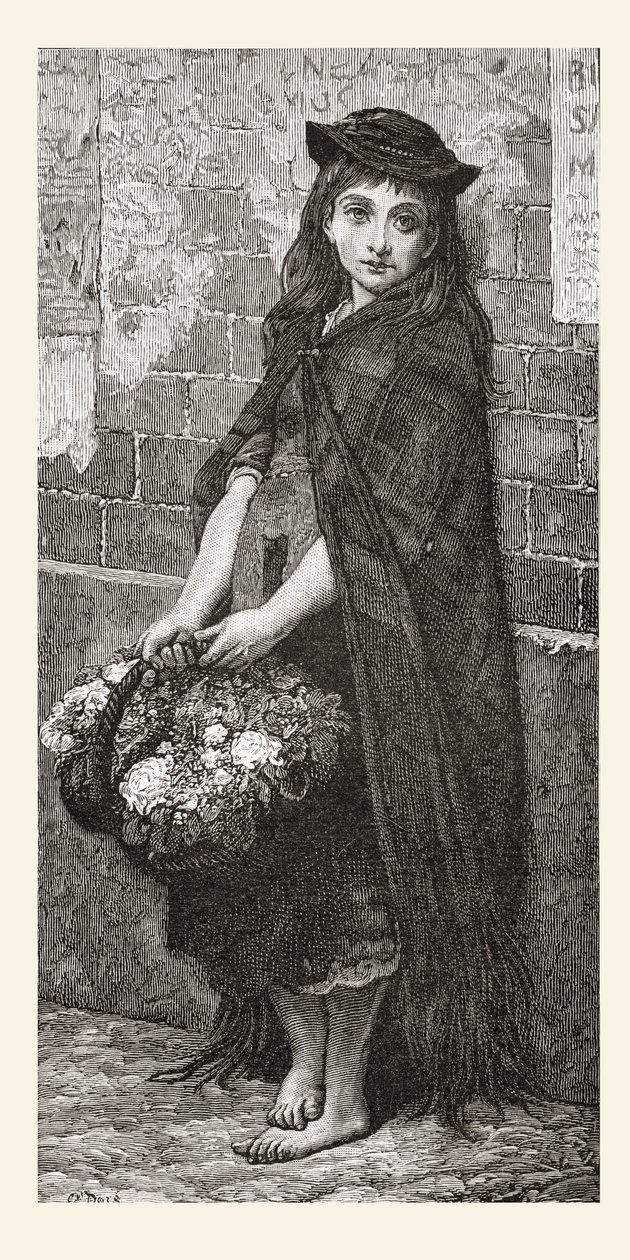 Blomsterpige efter et værk af Gustave Dore. Fra Life and Reminiscences of Gustave Dore, udgivet i 1885. af Gustave Dore