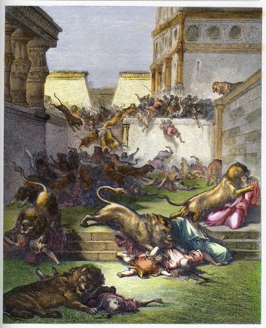 Udlændinge fortæret af løver i Samaria - Det Gamle Testamente. Mennesker fortæret af løver i Samaria - indgravering i "The Bible illustree" af Gustave Dore (1832-1883) - Indgravering fra "" The Dore Bible"" af Gustave Dore