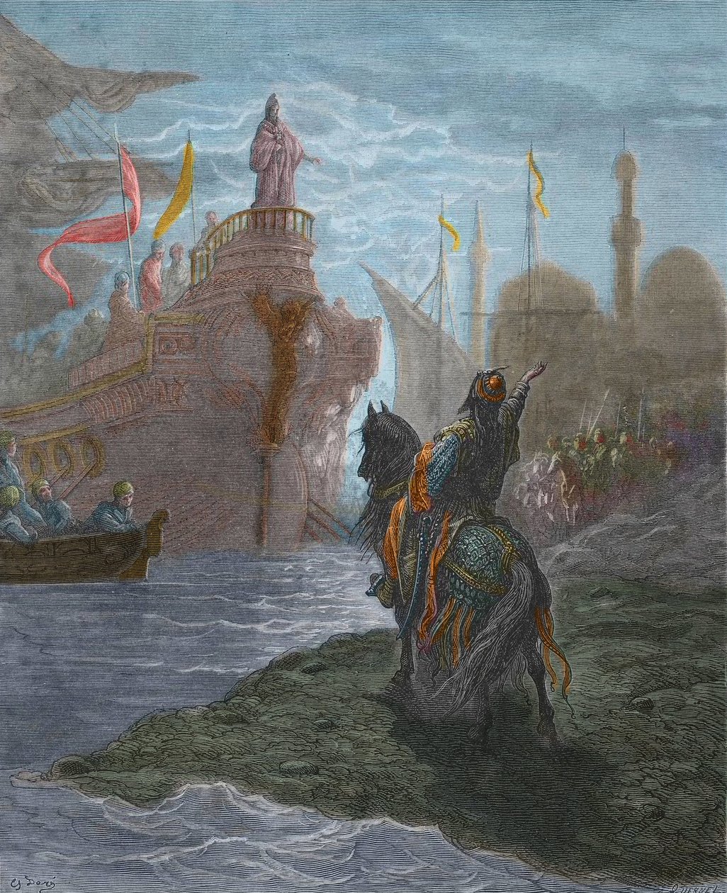 Fjerde korstog - Fjerde korstog - Alexis V. Doukas Murzuphle (1140-1204) - Murzuflo (Alessio Ducas) forhandler med Doge Enrico Dandolo (1107-1205), en 1204. gravering af Gustave Dore (1832-1883) fra Crusades historie. af Gustave Dore