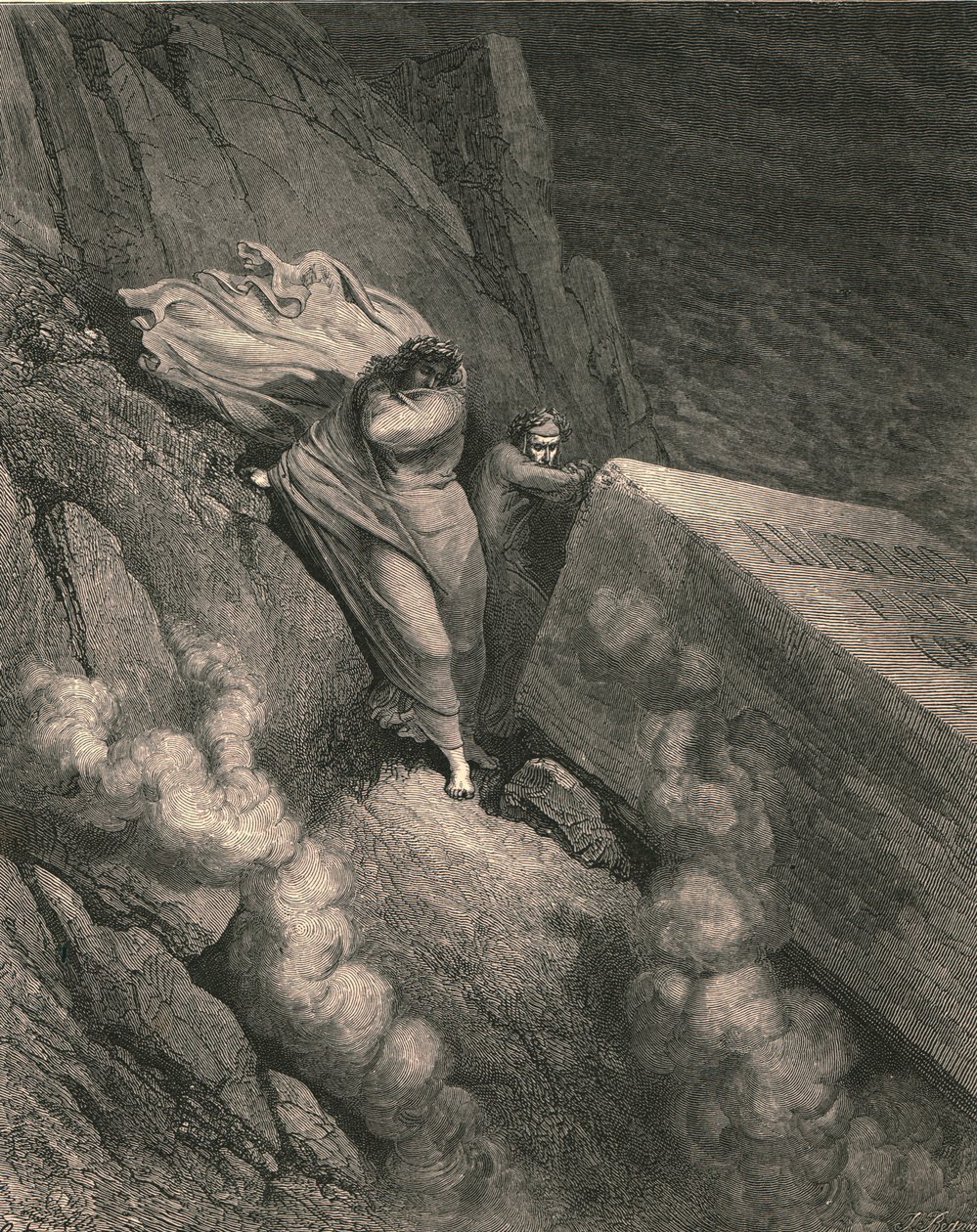 Fra den dybe afgrund, bag låget af et stort monument, stod vi tilbagetrukket, c1890. af Gustave Dore