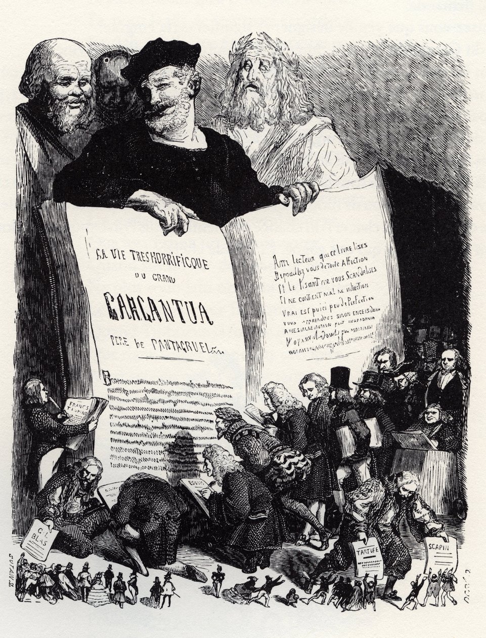 Frontispice af udgaven af 1854 - I selskab med antikke og moderne forfattere præsenterer Rabelais sin anden roman - illustration fra 