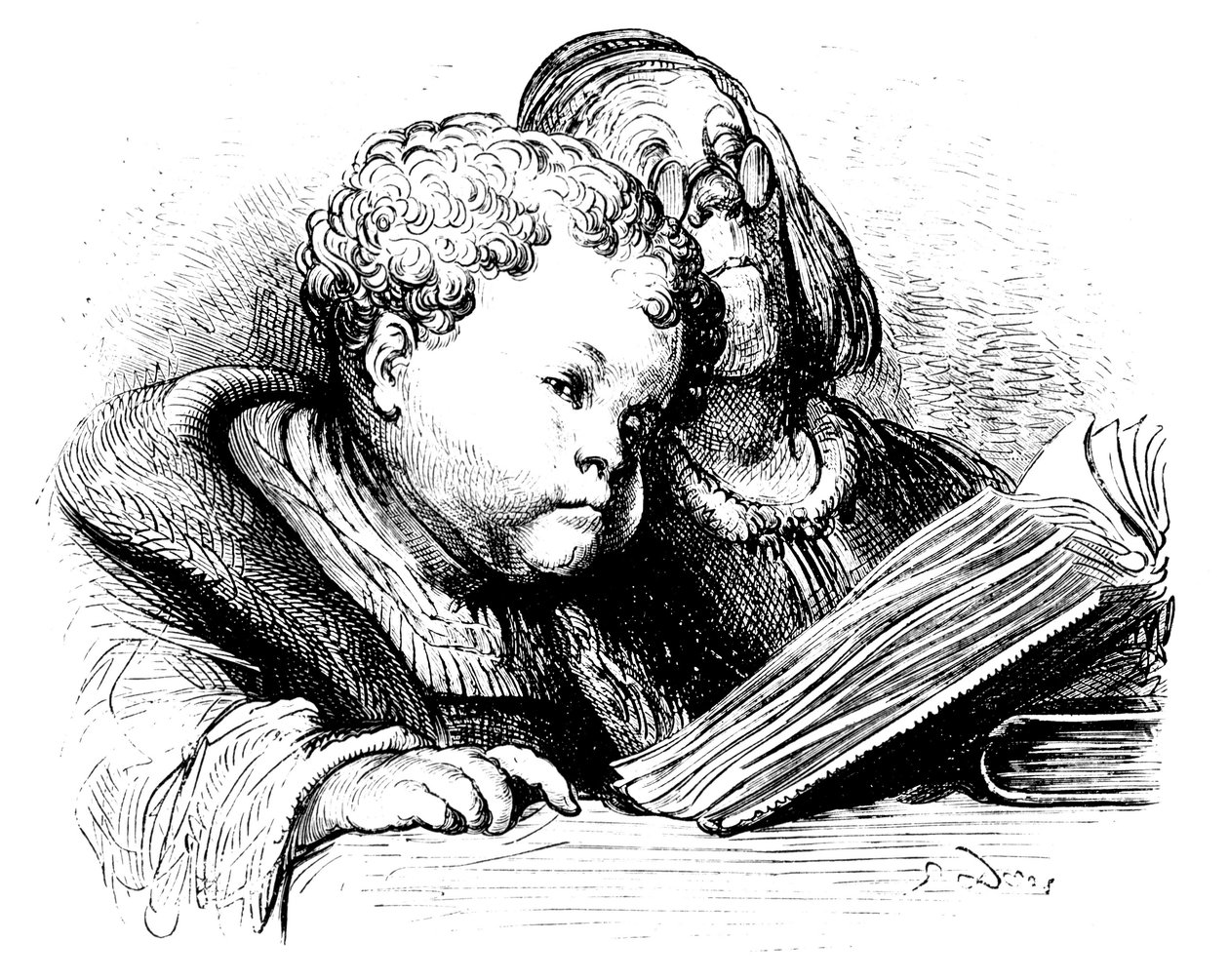 Gant Gargantuas uddannelse: Som barn lærer han at læse med sin læremester. Illustration af Gustave Dore til Francois Rabelais