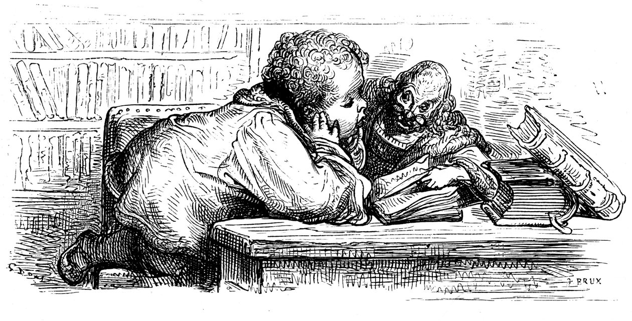 Gant Gargantuas uddannelse: Han lærer at læse med sin læremester. Illustration af Gustave Dore til Francois Rabelais