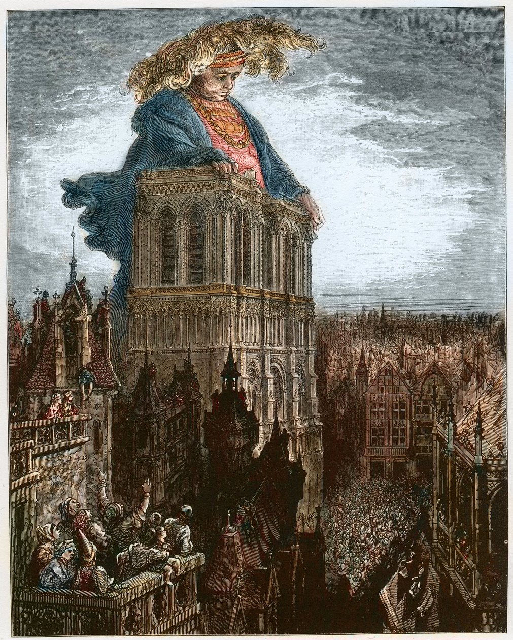 Gargantua på tårnene i Notre-Dame i Paris - Gargantua hviler på tårnene i Notre-Dame-kirken i Paris - illustration fra 