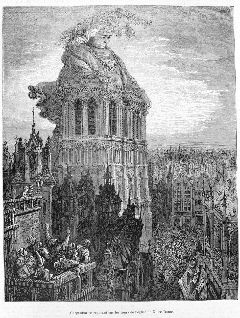 Gargantua hviler på tårnene i Vor Frue Kirke. Gravering efter værket Gargantua af François Rabelais (1483 - 1553) af Gustave Dore