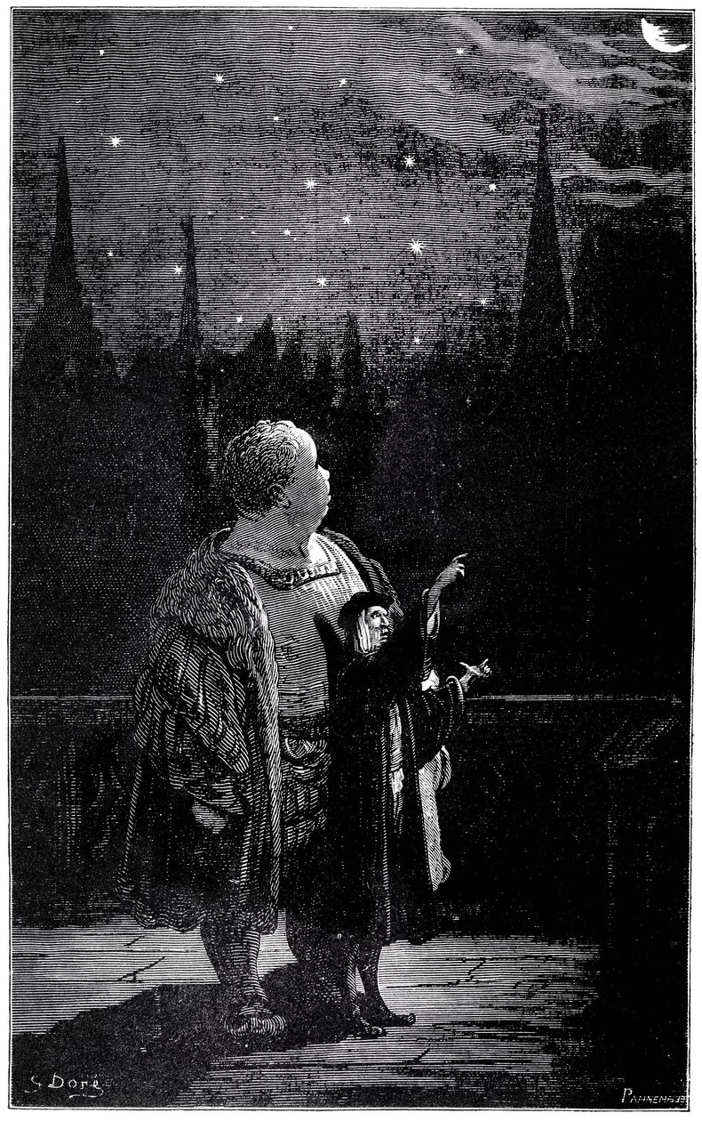 Gargantuas uddannelse: Om natten, sammen med en astronom, observerer den unge kæmpe stjerner, stjerner og kometer på nattehimlen. Kobberstik af Gustave Dore, der illustrerer Rabelais