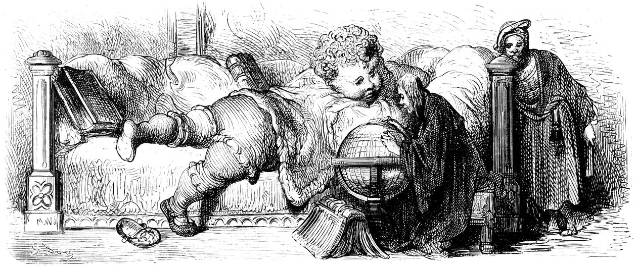 Gargantuas uddannelse: Kæmpen, et barn, ligger på sin seng og studerer en globus sammen med sine lærere. Illustration af Gustave Dore til Francois Rabelais