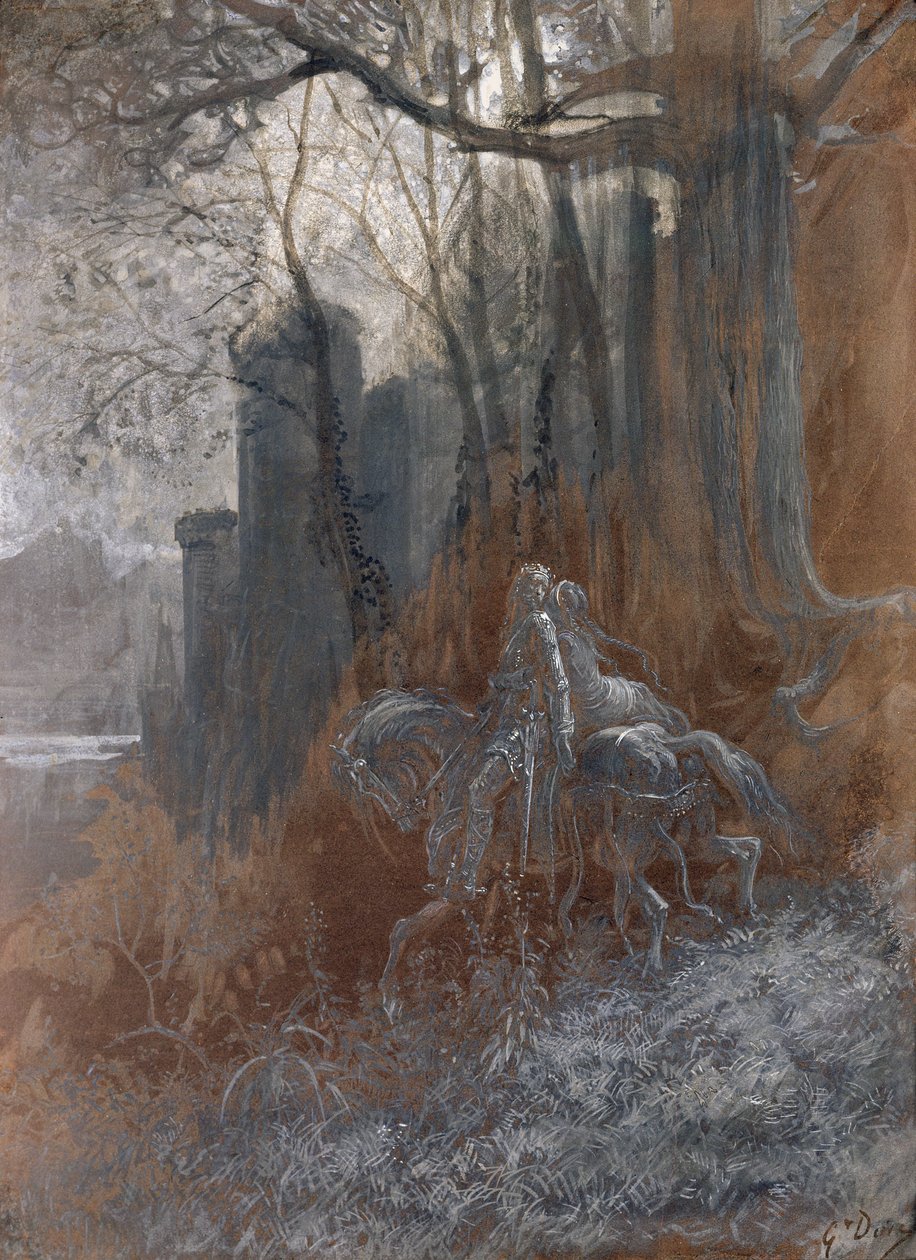 Geraint og Enid Ride Away, 1868 (gouache og wc på papir) af Gustave Dore