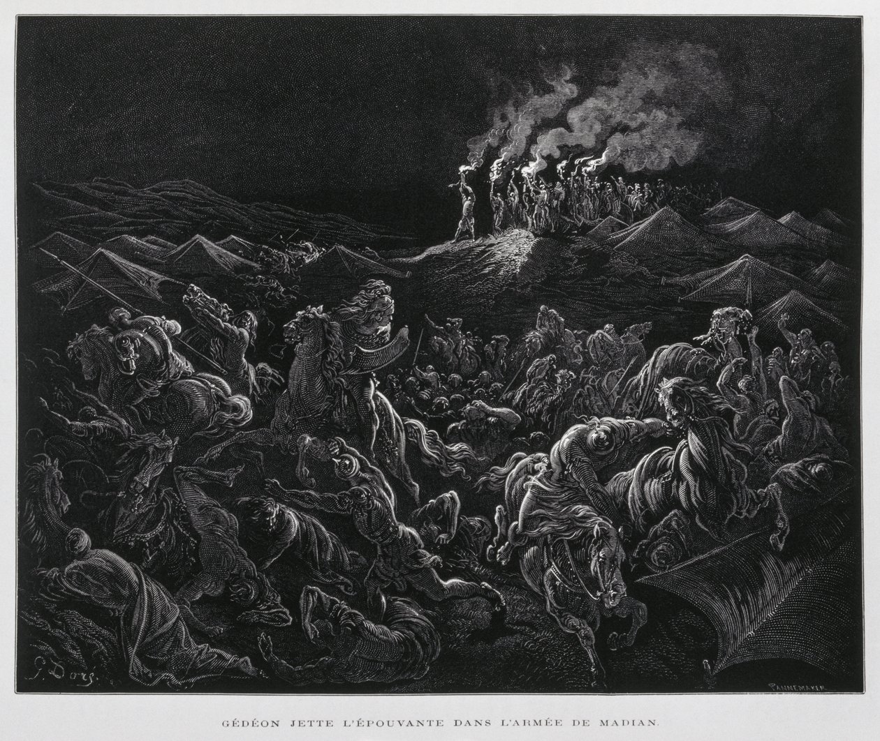 Gideon angriber midjanitterne om natten, Illustration fra Dore Bible af Gustave Dore
