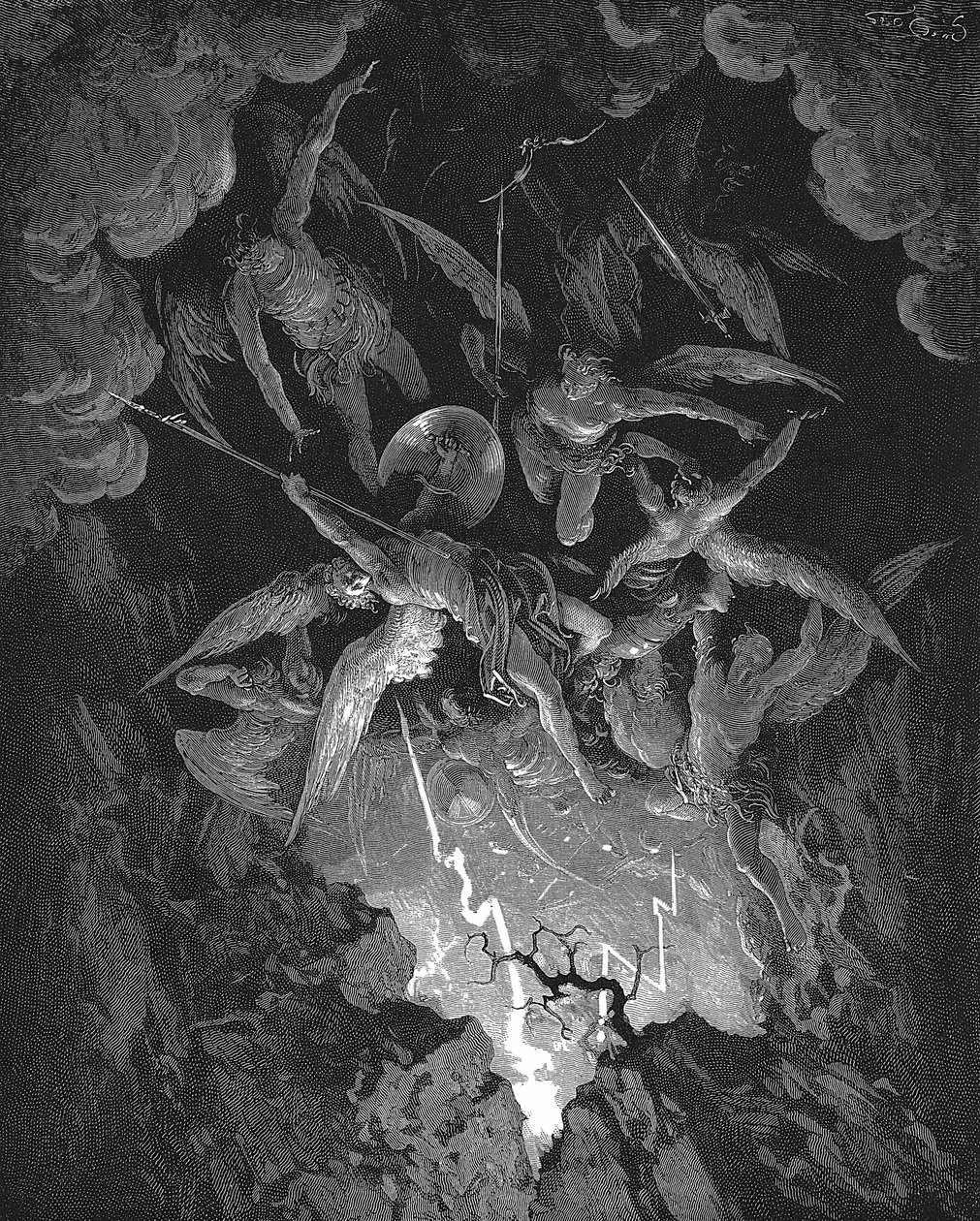 Gustave Dore-illustration til John Miltons episke digt, der dramatiserer syndefaldet, Paradise Lost (1667), bog VI. De oprørske engle falder gennem bruddet i himlens mur og styrter ned i helvede. Træsnit 1866 af Gustave Dore