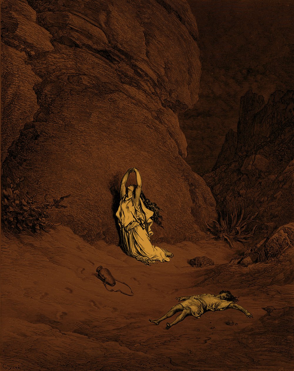 Hagar og Ismael, gravering af Doré. - Bibel af Gustave Dore