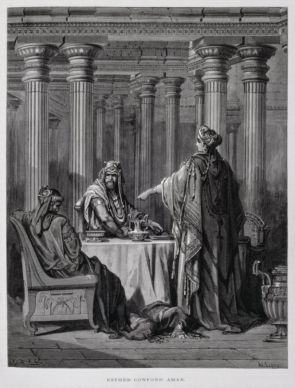 Haman fordømt af dronning Ester, illustration fra Dore-bibelen af Gustave Dore