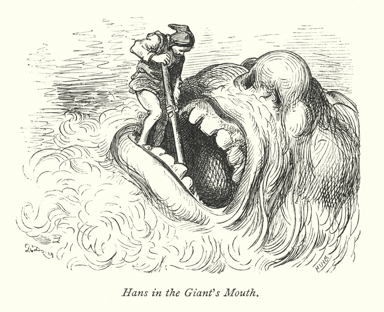 Hans i kæmpens mund (kobberstik) af Gustave Dore