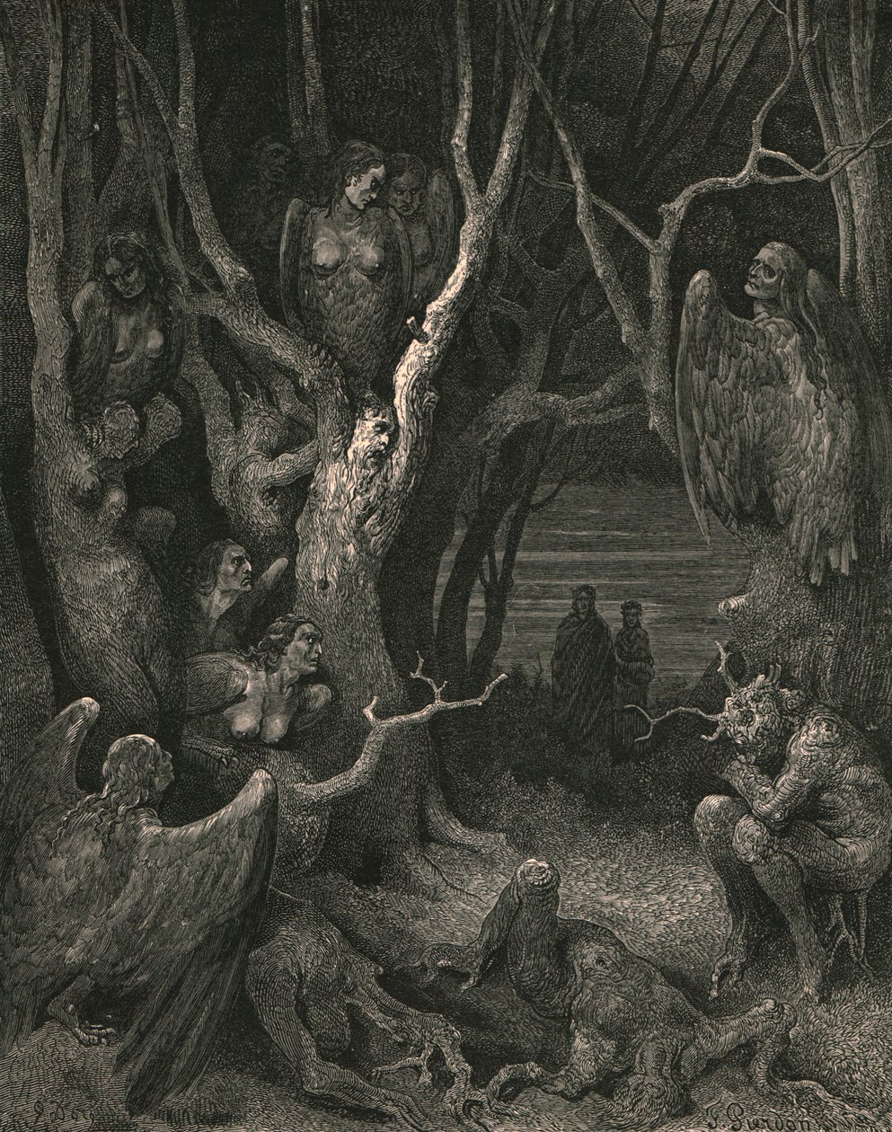 Her laver de brute harpier deres rede, c1890. af Gustave Dore