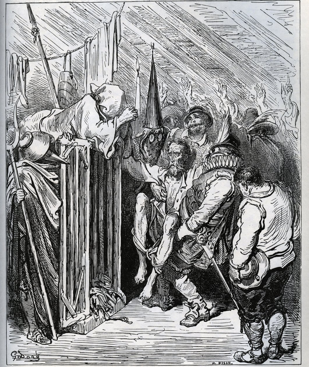 Sådan slipper du af med Don Quixote. Folkene i hotelbutikken besluttede at spærre ham inde ved at få ham til at tro på en ny fortryllelse og en ny ridderlig test - fra "Don Quixote de la Mancha" af Miguel Cervantes (1547-1616) (Don Quixote) - Træsnit efter af Gustave Dore
