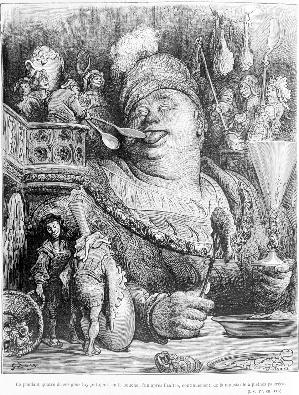 Imidlertid kastede fire af hans folk sennep i munden på ham, den ene efter den anden, uafbrudt med fuld skovl. Uddrag fra Gargantua af François Rabelais (1483 - 1553), gravering af Gustave Dore (1832-1883). af Gustave Dore